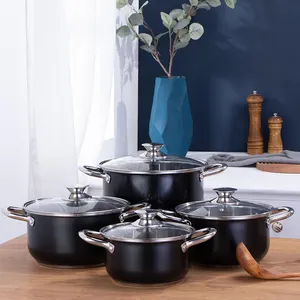 Ensemble de 4 pièces de vaisselle moderne en acier inoxydable à double fond, antiadhésif, avec marmite à soupe et couvercle en verre noir, combinaison magnétique - Product Image 1