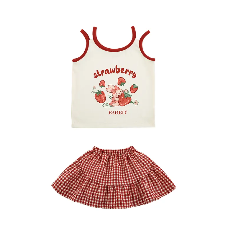 YOEHYAUL X4439 प्यारा स्ट्रॉबेरी प्रिंट और प्लेड कॉटन टैंक टॉप लड़कियों के लिए स्कर्ट सेट बच्चों के लिए कैज़ुअल 2 पीस कस्टम बच्चों के कपड़े का सेट