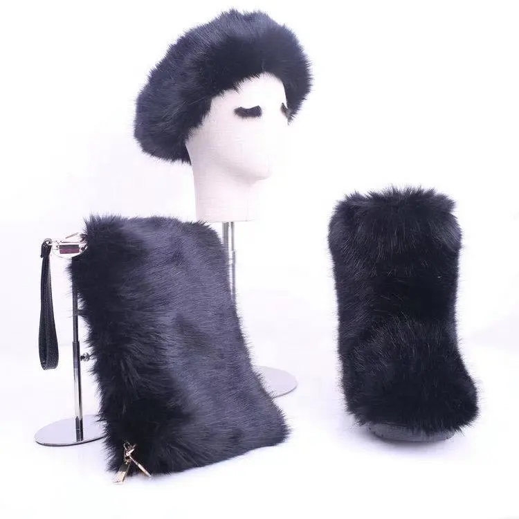 Drop Shipping Winter modische schwarze Kunst schaf Fuchs Pelz Schneeschuhe Schuhe Sets für Kinder und Mädchen Frauen mit Pelz Stirnband Hut