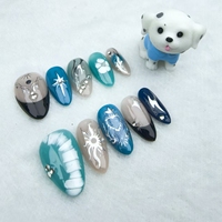 Uñas artificiales cortas estilo Océano Azul en forma de almendra de alta calidad y reutilizables