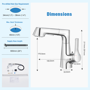 Grifo de Lavabo de Alta Calidad con Recubrimiento de Cromo, Altura Ajustable, Monomando, Extraíble, Mezclador de Agua - Product Image 6