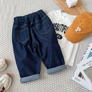Ins Spring กางเกงยีนส์ลำลองสำหรับเด็ก,กางเกงยีนส์สีพื้นฟอกทรงหลวมปรับแต่งได้สำหรับเด็กผู้ชายเด็กวัยหัดเดินกลางแจ้ง - Product Image 3