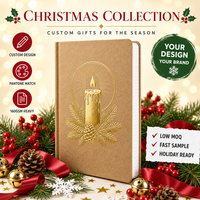 Carnet A5 personnalisé de Noël à couverture rigide en papier kraft, avec motif emblème et grille pour bougies, estampage à chaud doré, 80 feuilles, reliure cousue, marqueur à ruban