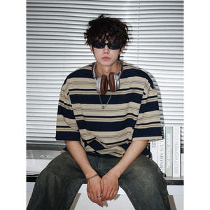 Summer <b>Beaded</b> Color Block Striped Short Sleeveless Men's <b>Loose</b> Cotton Workwear Style Contrast Trim Casual T-Shirt - Product Image 6