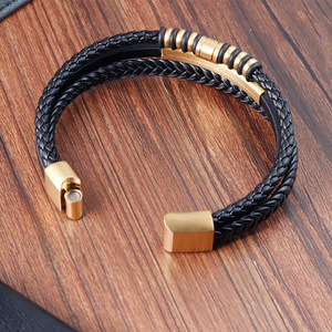 Men's Braided <b>Leather</b> <b>Bracelet</b> with 18K PVD Gold Plated Stainless Steel bar & Magnetic Clasp | Stylish Wristband for Casual Wear - Product Image 6