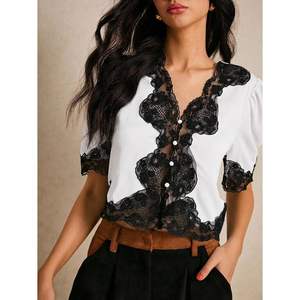 Blusa Corta de Encaje Personalizada para Mujer, Manga Corta con Vuelo, Cuello en V, Botones, Top de Chifón, Elegante para Uso Diario - Product Image 3