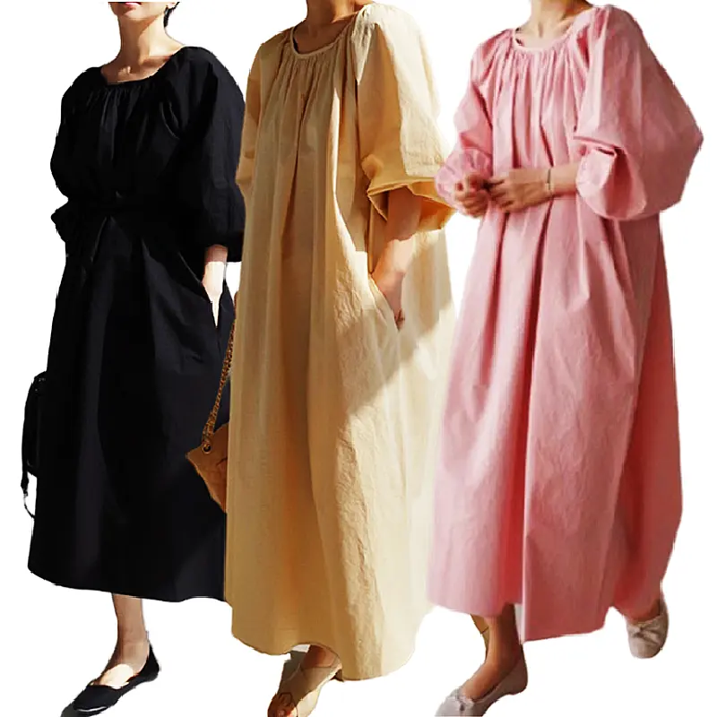 YQY0503 2022 Latest Design Korean Style Dress Lace Up Bow Doll Skirt Lantern Sleeve Summer Cotton Dress Women Long Dress