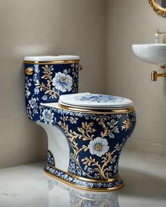 Chic azul blanco cerámica dos piezas inodoro P-Trap desodorización automática diseño de ahorro de agua motivos de onda de desplazamiento para Hotel - Product Image 4