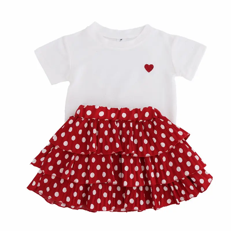 2023 Baby Girls Valentine Outfits 2Piece White T-Shirt Heart Pattern+Dot Print Skirt Aline Dress Toddler Girl's Clothing Dress