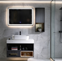 Meuble de salle de bain moderne en bois massif, suspendu au mur, avec miroir, vasque intégrée, laqué noir, unité de rangement