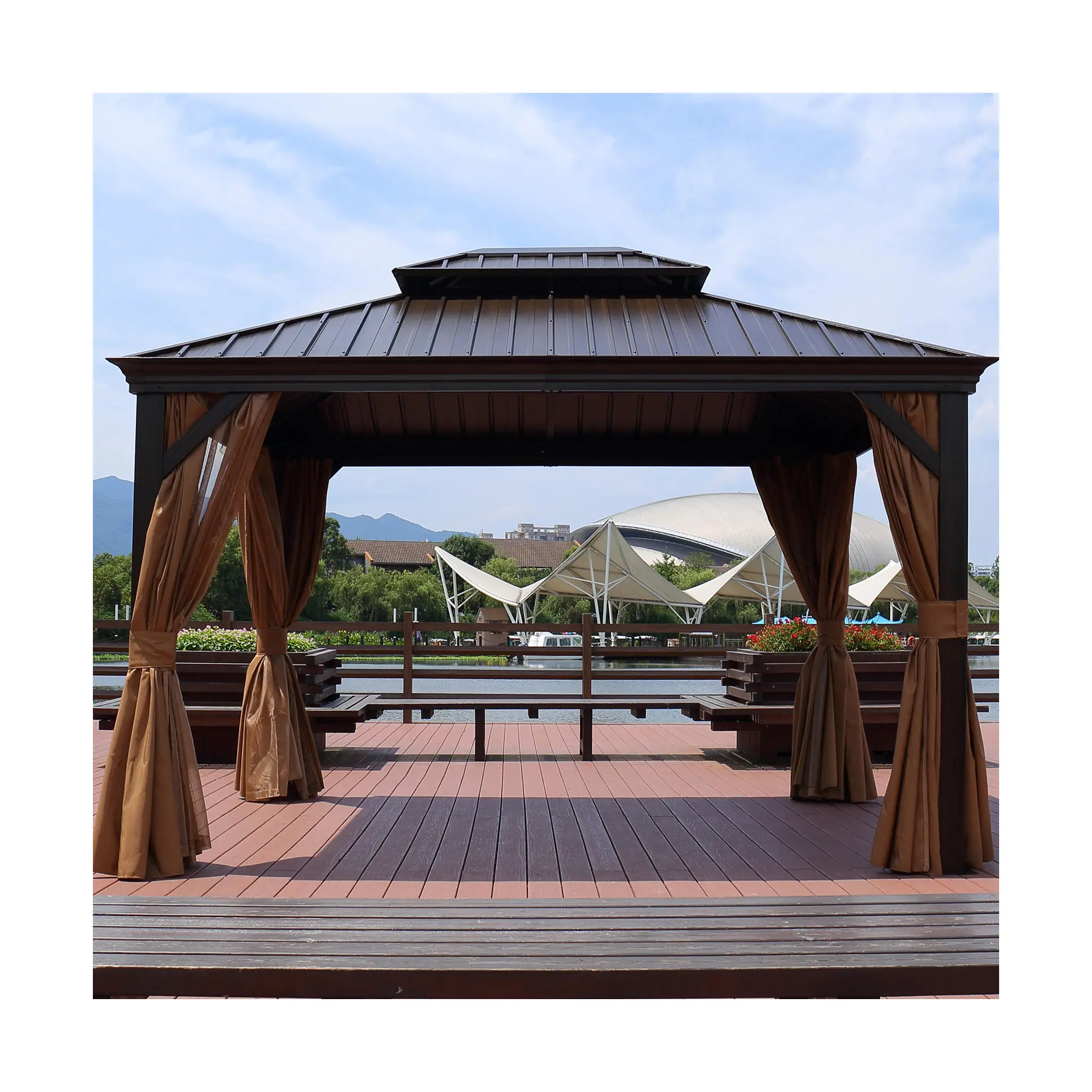 ที่บังแดดกลางแจ้งสวนแบบทนทานระเบียงสวนหลังบ้านลานเฟอร์นิเจอร์ตาราง gazebo Pergola กลางแจ้งขนาด3*3.65หลังคาอลูมิเนียมศาลา