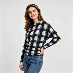 Achat en gros de chemisiers plissés Miyake pour femmes, de haute qualité, décontractés, à motif géométrique quadrillé artistique, modestes, pour le bureau, collection automne - Product Image 4