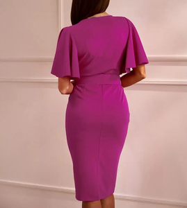 핫 세일 여자의 자홍색 깊은 V-넥 프릴 슬리브 O-링 벨트 Bodycon 미디 원피스 우아한 파티 저녁 칵테일웨어 원피스 - Product Image 2