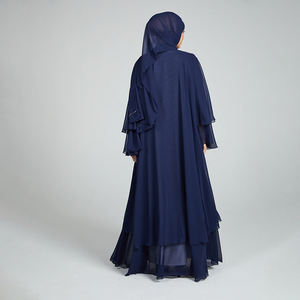 Conjunto de Ropa Islámica, Vestido <span class=keywords><strong>Maxi</strong></span> Azul Fluido y Modesto de Chifón, de Calidad y Lujo, con Adornos Florales Azul Marino, Abaya Abierta en Capas con Hiyab - Product Image 3