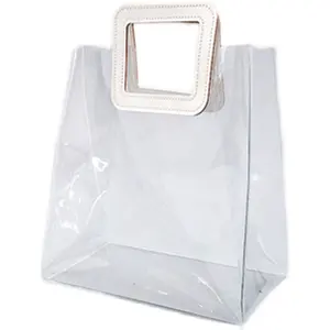 Bolso de compras reutilizable con logotipo personalizado, bolsa de mano transparente de PVC, impermeable, para regalo, con asa de cuero