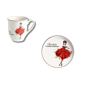 Set Tazza e Piatto da Dessert 22 Cm Ballerina Abito Rosso Il Cioccolato È Sempre Una Buona Idea - Product Image 1