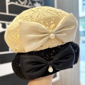Gorro de <span class=keywords><strong>boina</strong></span> de mujer <span class=keywords><strong>a</strong></span> la moda con lazo y perlas, sombrero de verano calado, gorra holgada de ganchillo estilo artista francés - Product Image 5