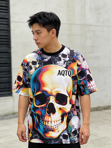 T-shirt <span class=keywords><strong>d</strong></span>écontracté à manches courtes et col rond pour <span class=keywords><strong>homme</strong></span> AQTQ, imprimé par sublimation, motif crâne 3D coloré, style pop art vintage, idéal pour le streetwear - Product Image 2