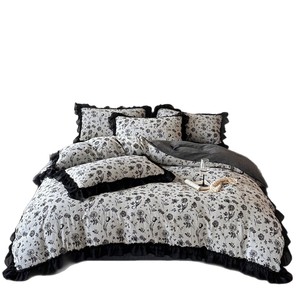 Juego de Ropa de Cama de Jacquard Teñido con Hilo de Algodón Puro Estilo Hepburn Francés, Juego de Funda Nórdica de 4 Piezas con Estampado Floral - Product Image 5