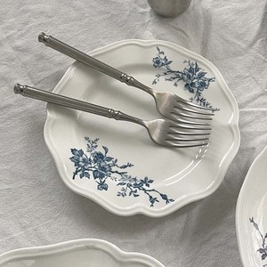 French Elegant Blue and White Porcelain <b>Plate</b> with Irregular Shape and Plant Pattern - Product Image 4