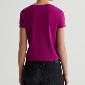 T-shirt girocollo cropped personalizzata da <span class=keywords><strong>donna</strong></span>, rosa <span class=keywords><strong>fucsia</strong></span>, in tessuto ecologico a costine, servizio di stampa OEM/ODM - Product Image 4