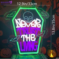 « Ne faites jamais confiance aux vivants » – Enseigne néon LED Halloween Crâne et chauve-souris, Luminaire décoratif mural pour chambre, bar, man cave et fête d'Halloween