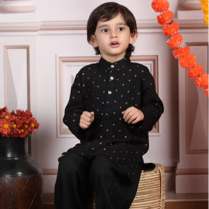 Conjunto de Kurta y Pijama Negro Estampado para Niños, Ropa Étnica Tradicional para Fiestas, Bodas, Atuendo Cómodo y Elegante - Product Image 1