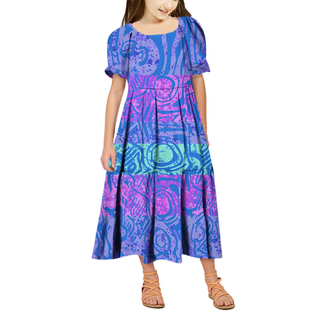 New Customize Pacific Island Art Square Collar Ruffles Tiered Dresses For Girls Puff Sleeve Polynesian Elei Tribal Kids Dress