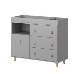 Table à langer grise à 3 tiroirs avec étagère, garde-corps et grand rangement, poubelle dissimulée, idéale pour la chambre de bébé – Vente directe usine - Product Image 1