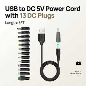 Câble d'alimentation USB-DC 5V universel avec prise DC 5,5x2,1 mm <span class=keywords><strong>et</strong></span> connecteurs <span class=keywords><strong>jack</strong></span> 13 broches - Product Image 1