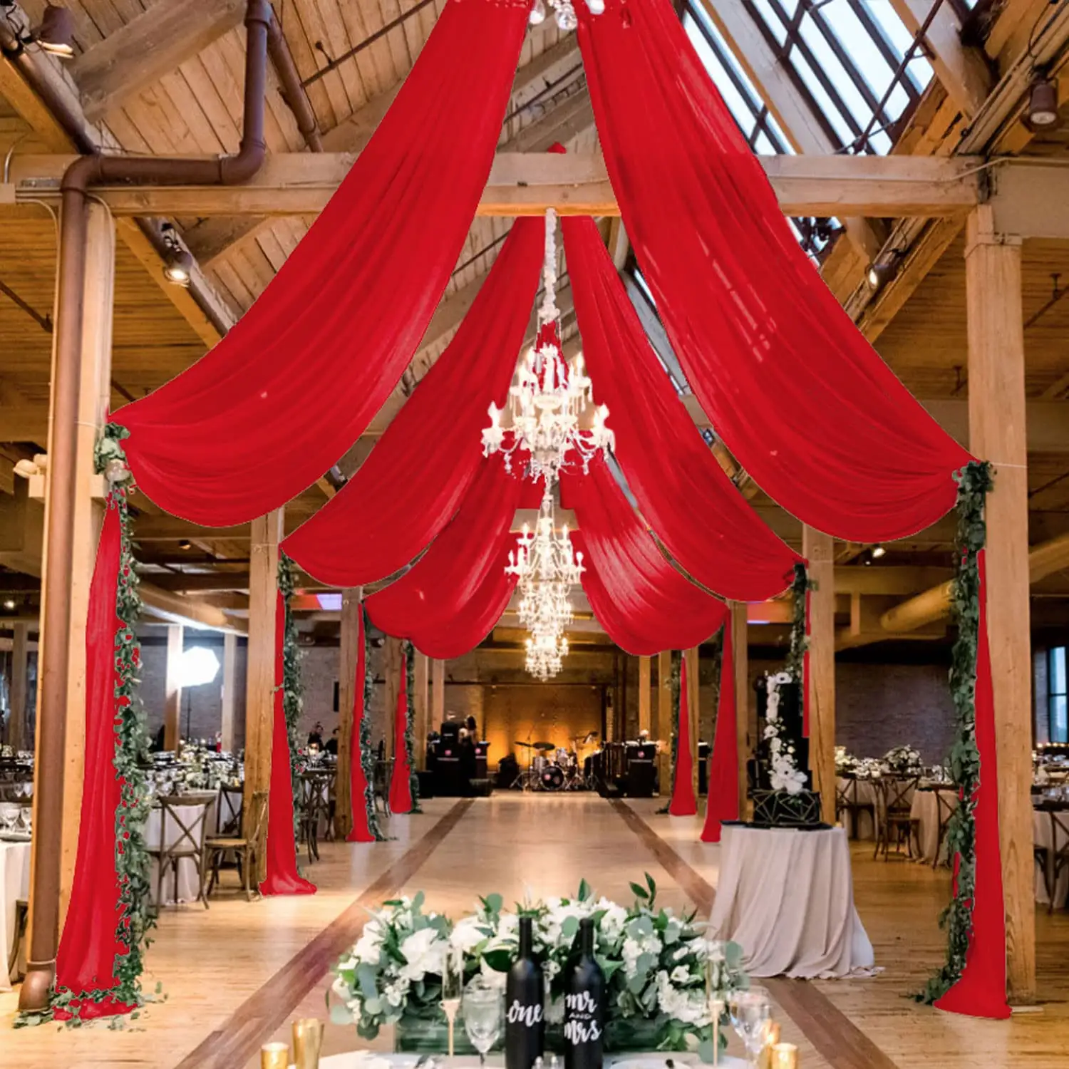 สีแดงงานแต่งงานผ้าม่าน 2 แผง 5x20FT ผ้าม่านชีฟองฉากหลังเพดานผ้าม่านตกแต่งงานแต่งงาน Arch ผ้าม่านผ้า