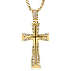 <b>Cross</b> Pendant Necklace Gold Plated Stainless Steel Diamond Inlay Channel Setting Gift Jewelry - Product Image 2