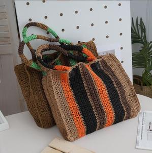 Sac fourre-tout décontracté en rotin tressé, ouvert, portable, avec deux poignées, doublure en polyester, nœud en dentelle, bandoulière, motif lettres, pour femme, plage - Product Image 3