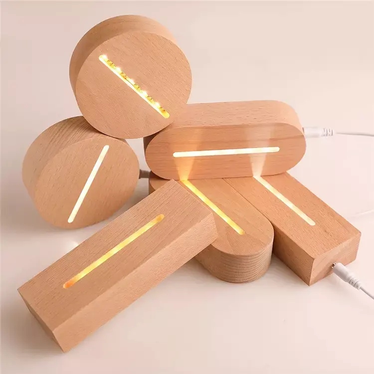 Control táctil de carga Oval 3D acrílico madera maciza LED Night Light Base Holder Stand 3D Led Lamp bases de luz led para acrílico