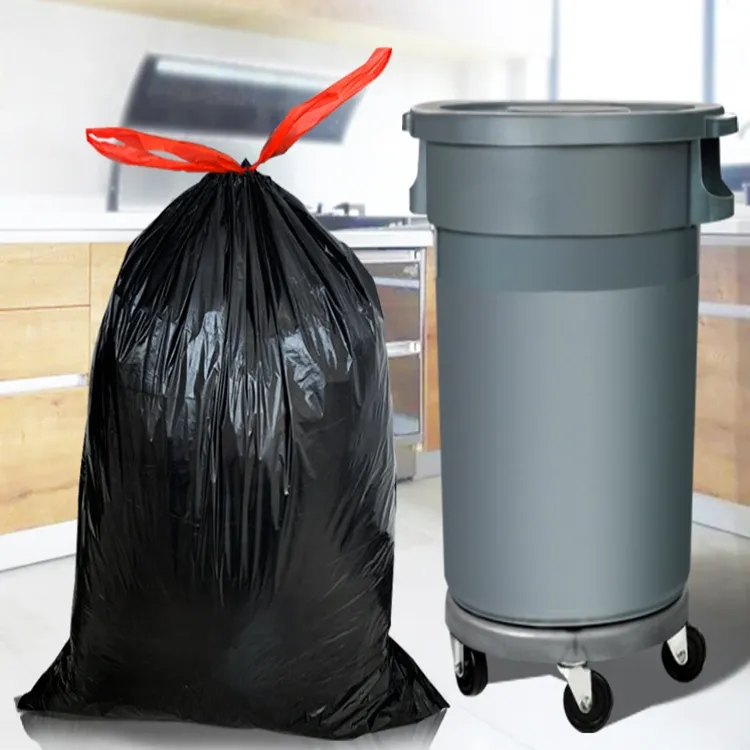 مخصص ايكو Pe البلاستيك الأسود الرباط القمامة علبة مهملات بطانة أكياس القمامة مع الرباط