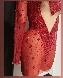 Vestido Mini Rojo de Mujer con Pedrería en Forma de Corazón, Malla Transparente, Cuello Alto, Manga Larga, Vestido de Fiesta, Vestidos de Noche, Moda - Product Image 5