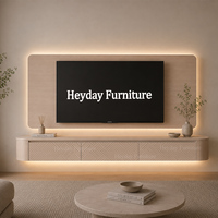 Console murale Cinewall Japandi incurvée, meuble TV flottant beige clair avec portes en relief 3D et panneau mural rétroéclairé par LED