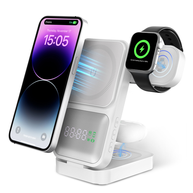 2025 Latest 3-in-1 Foldable Wireless Charging Station 9V/2A Magnetic Digital Display for Smart Watch Newest Electric Foldable