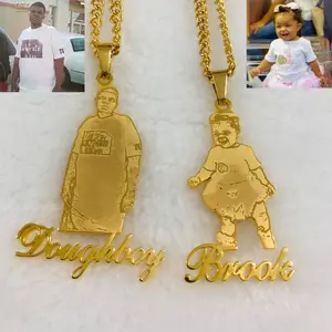Gold Plated Cartoon Name Pendent Necklace For Kids Custom Personal Photo Picture Portrait Nameplate Pendent For Family Gifts