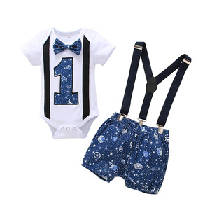 Conjunto de Ropa de Caballero para Bebé de 1 Año, 2 Piezas, Estampado de Estrellas de Dibujos Animados, Mamelucos para Bebé - Product Image 1