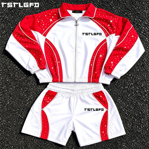 Cut And Sew <b>Rhinestone</b> Studded Tracksuit Set Red White Colorblock Panelled Contrast Piping Y2K Streetwear <b>Jacket</b> Shorts Bulk - Product Image 1