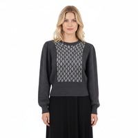 Pull tricoté personnalisé pour femme, col rond, manches ballon, long, jacquard, moderne et tendance