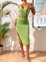 2022 nouveauté femmes Sexy robes d'été licou cou dos nu noeud fente cuisse Logo personnalisé Simple naturel personnalisable