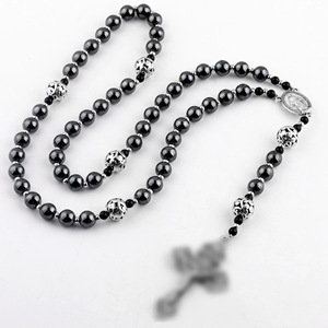 Collier de prière en hématite de 8 mm, chapelet de la Vierge Marie avec pendentif croix de Jésus, bijoux pour hommes - Product Image 3