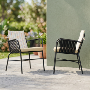 Chaise de salle à manger extérieure moderne pour restaurant, fauteuil en métal avec cadre en corde tressée, siège rembourré, mobilier commercial pour patio et jardin - Product Image 2