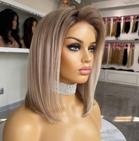 Peluca de Cabello Humano con Encaje Completo 13x4, 12 Pulgadas, Lisa, Color Rubio Ceniza Ombre, Estilo Bob, 150% de Densidad, Sin Pegamento