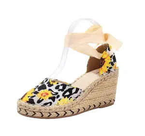 Latest design colorful flower cloth lace design women sandals wedges women's casual shoes wedge heels espadrilles