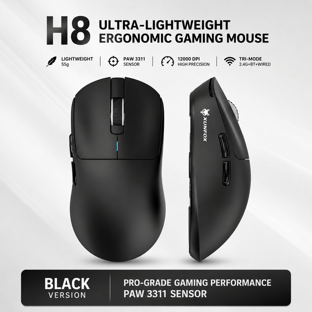XUNFOX H8 Ultra-Light Tri-Mode Wireless Gaming Mouse with PAW3311 Sensor 12000 DPI Ergonomic Design for Esports