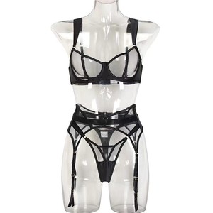 Ensemble de lingerie sexy transfrontalière, soutien-gorge et culotte ajourés, nuisette transparente pour femme, ensemble trois pièces en stock - Product Image 4