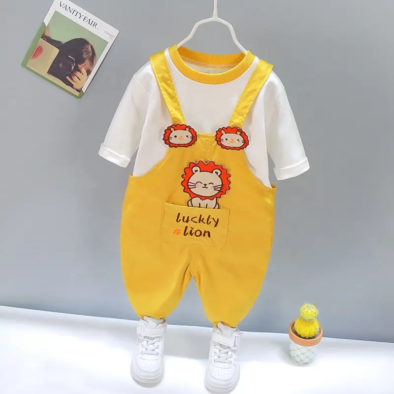 Grosir Cina Gaun Hewan Kartun untuk Anak-anak Laki-laki Set Pakaian Suspender Unisex Anak-anak Pakaian Anak Laki-laki 2T